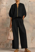 New Arrivals🔥 Stylish Cozy Zipper Shirt & Wide-Leg Pants Linen Cotton Two-Piece Set