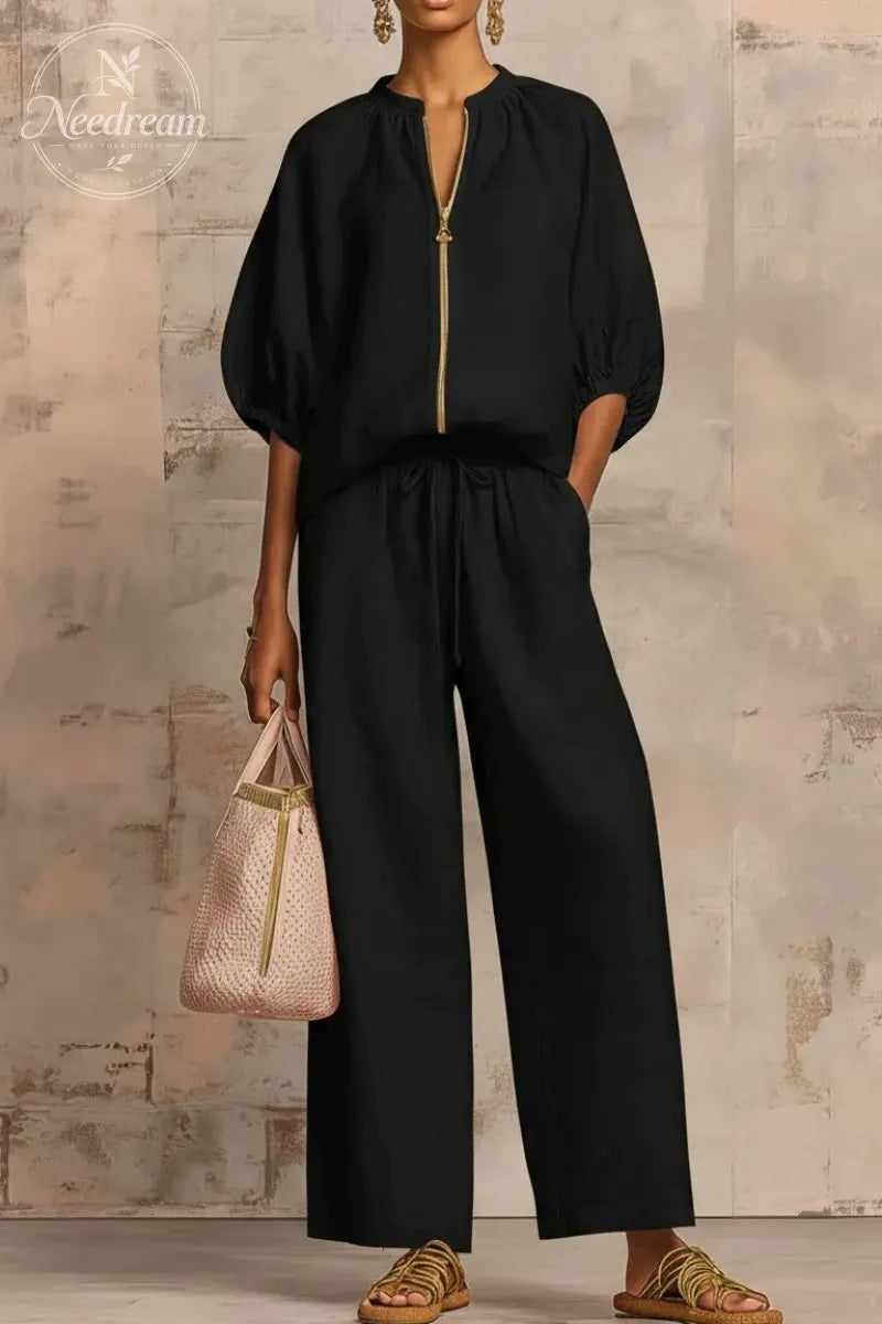 New Arrivals🔥 Stylish Cozy Zipper Shirt & Wide-Leg Pants Linen Cotton Two-Piece Set