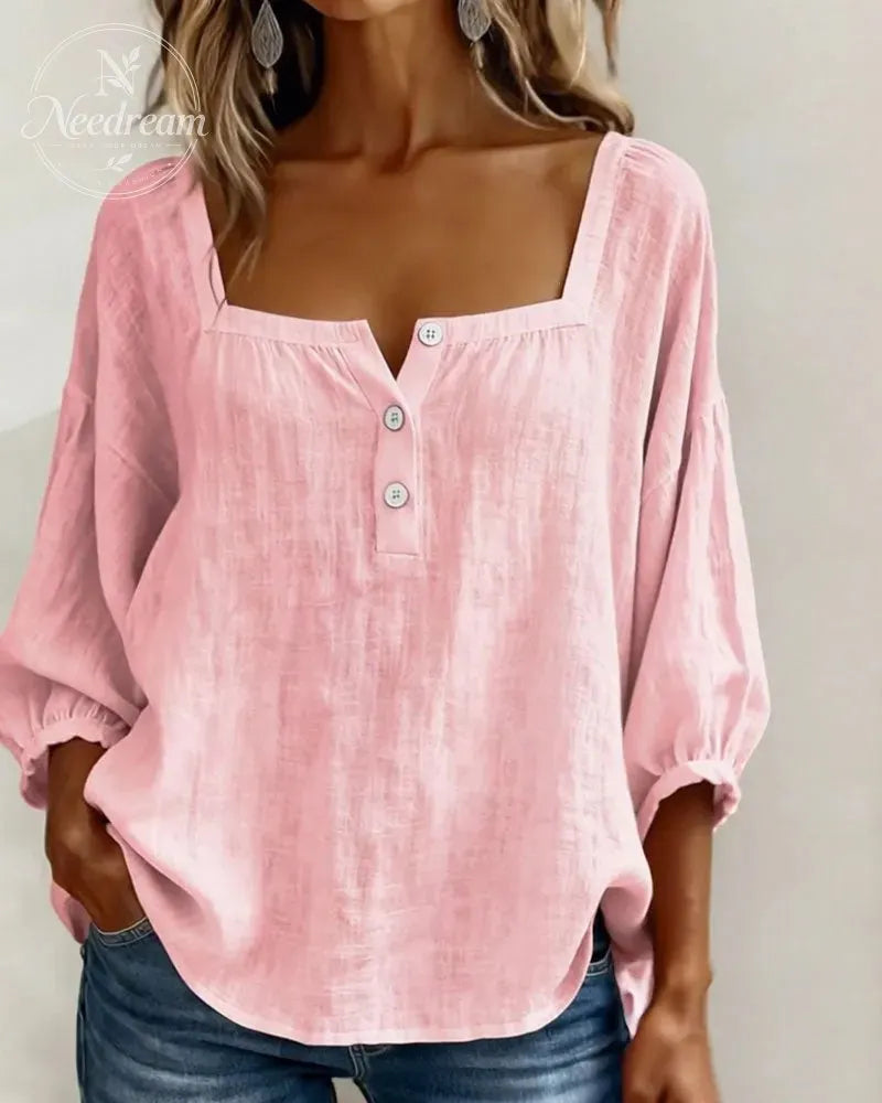 🌸Pink Square-Neck Half-Button Shirt