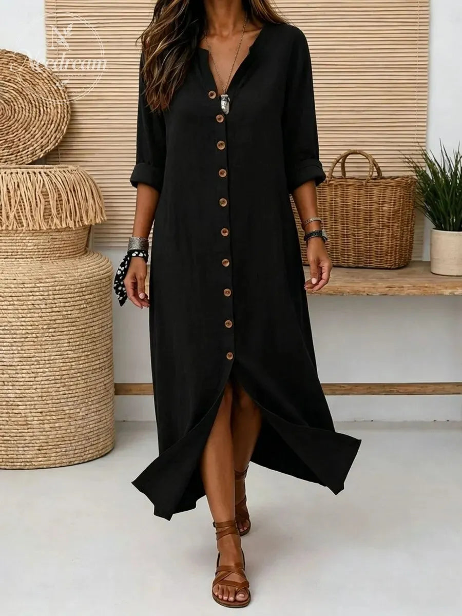 Women'S Vintage Long Sleeve V Neck Slant Pocket Button Front Linen Maxi Dress