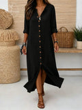 Women'S Vintage Long Sleeve V Neck Slant Pocket Button Front Linen Maxi Dress