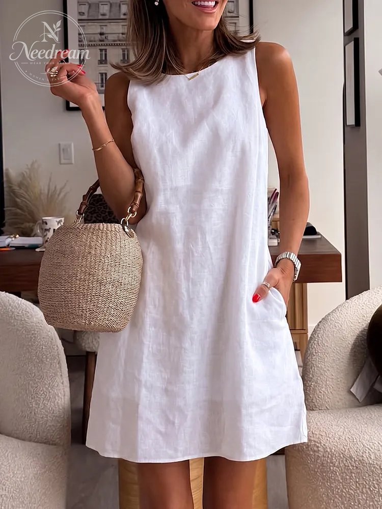 Simple And Casual Solid Color A-Line Cotton And Linen Dress