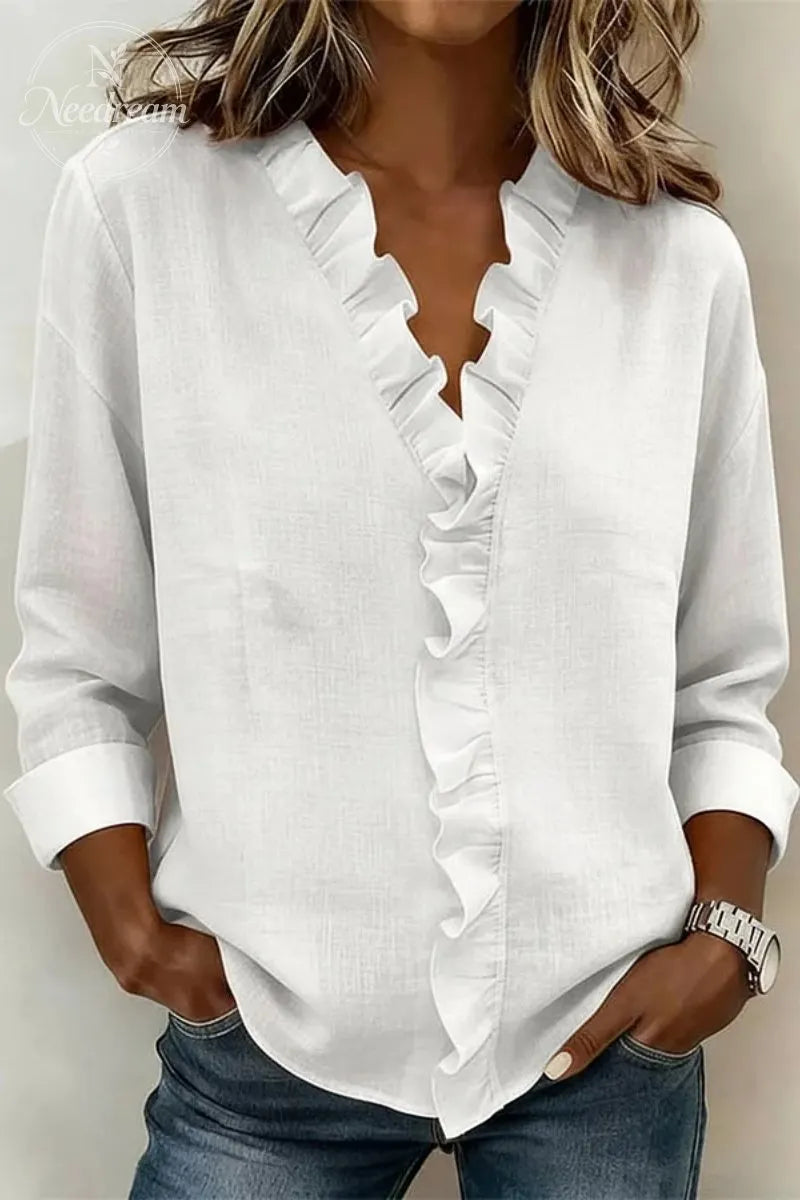 Ruffled V-Neck Long-Sleeved Cotton Shirt