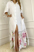 Rosedale Floral Print Crochet Lace Patchwork Shirt Dress