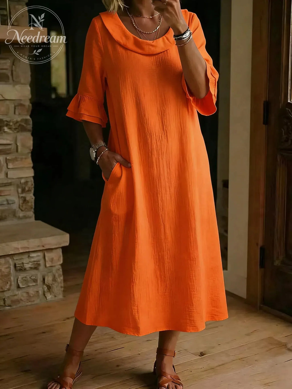 Cotton Linen Neck Ruffle Casual Dress
