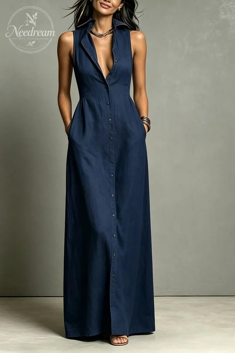 Women'S Minimalist Linen-Blend Collared Single-Breasted Sleeveless Maxi Shirt Dress