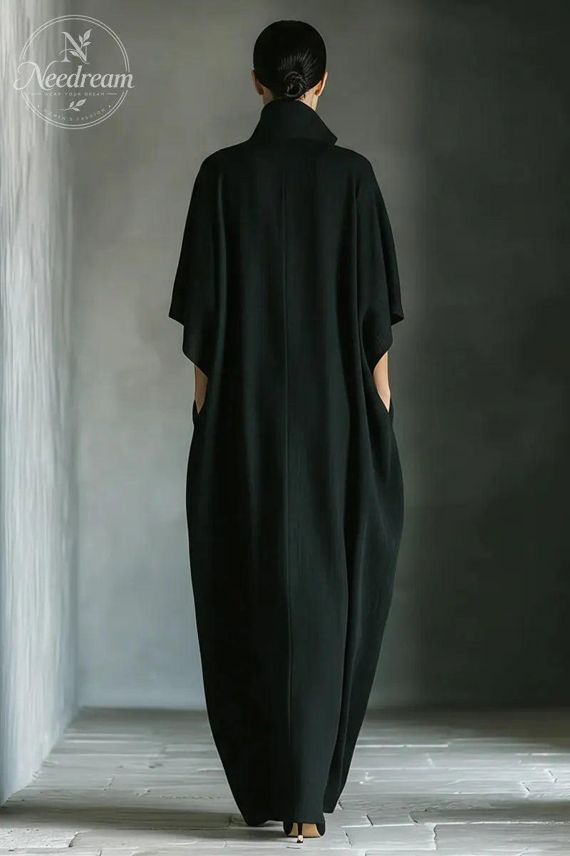 Women's Black Cotton Blend Fabric Oversized Kimono-Sleeve Maxi Dress With Pockets
