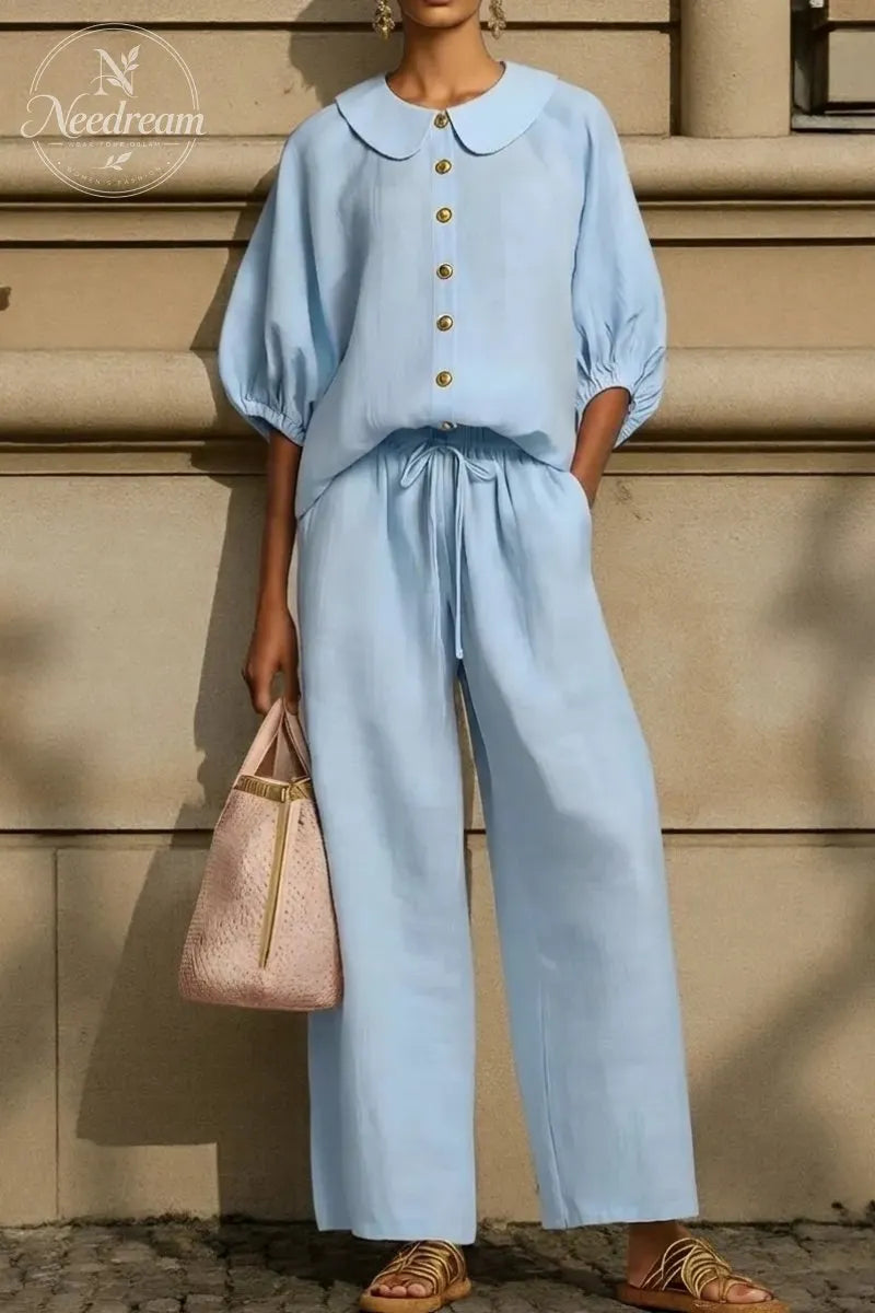 New Arrivals🔥Stylish Peter Pan Collar Shirt And Wide-leg Pant Linen Two-piece Set