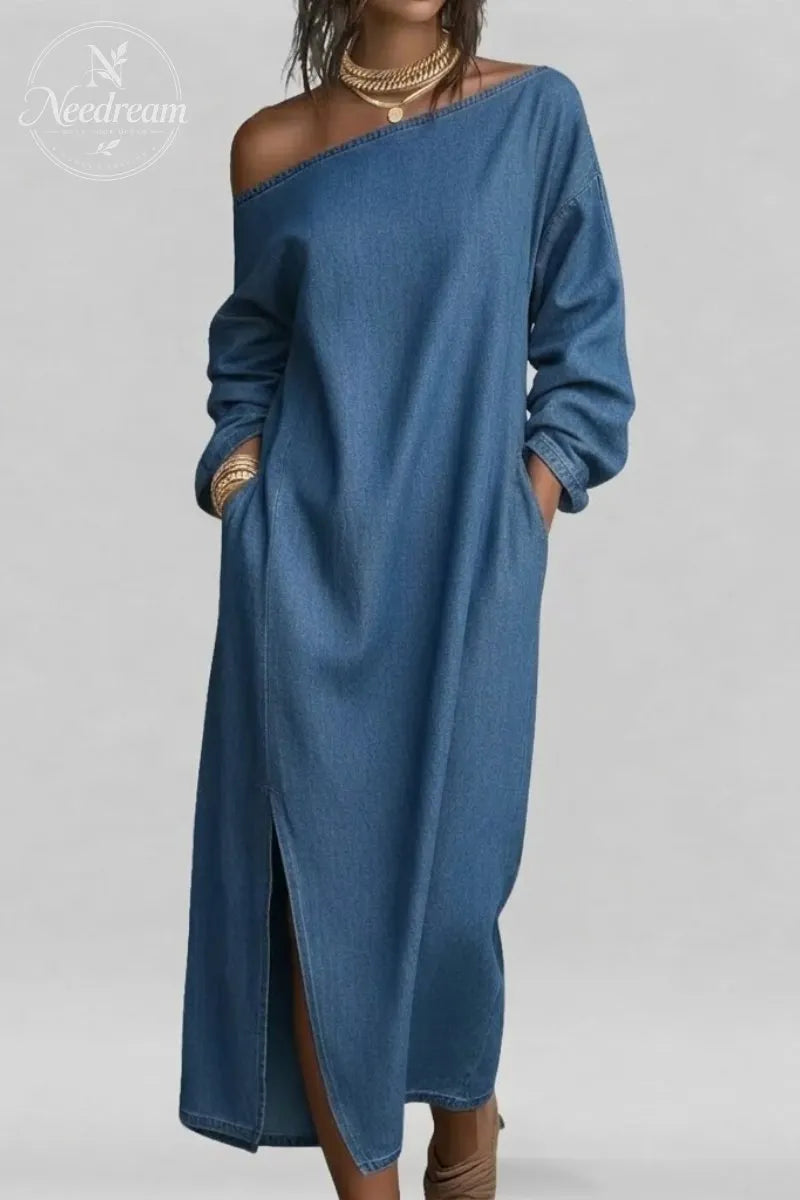 Women's Plain Pockets Oblique Collar Slit Loose Long Sleeve Maxi Dress
