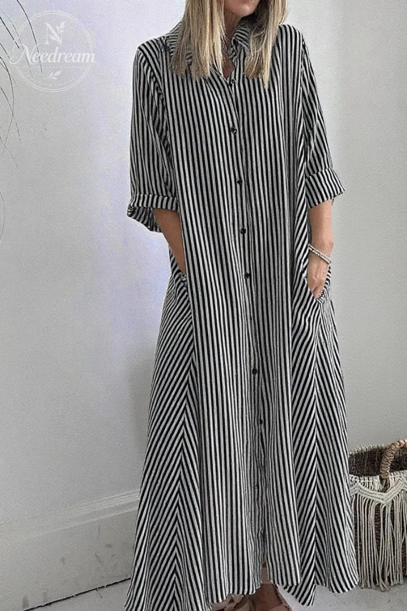 Elegant Women's Dress With A Three-quarter Sleeve And A Lapel Collar