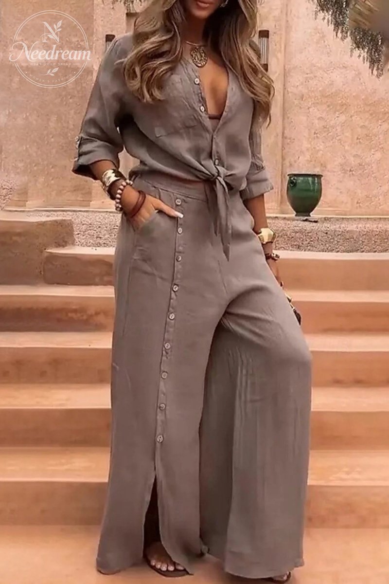 Tie-up Shirt Single-breasted Long Pants Set