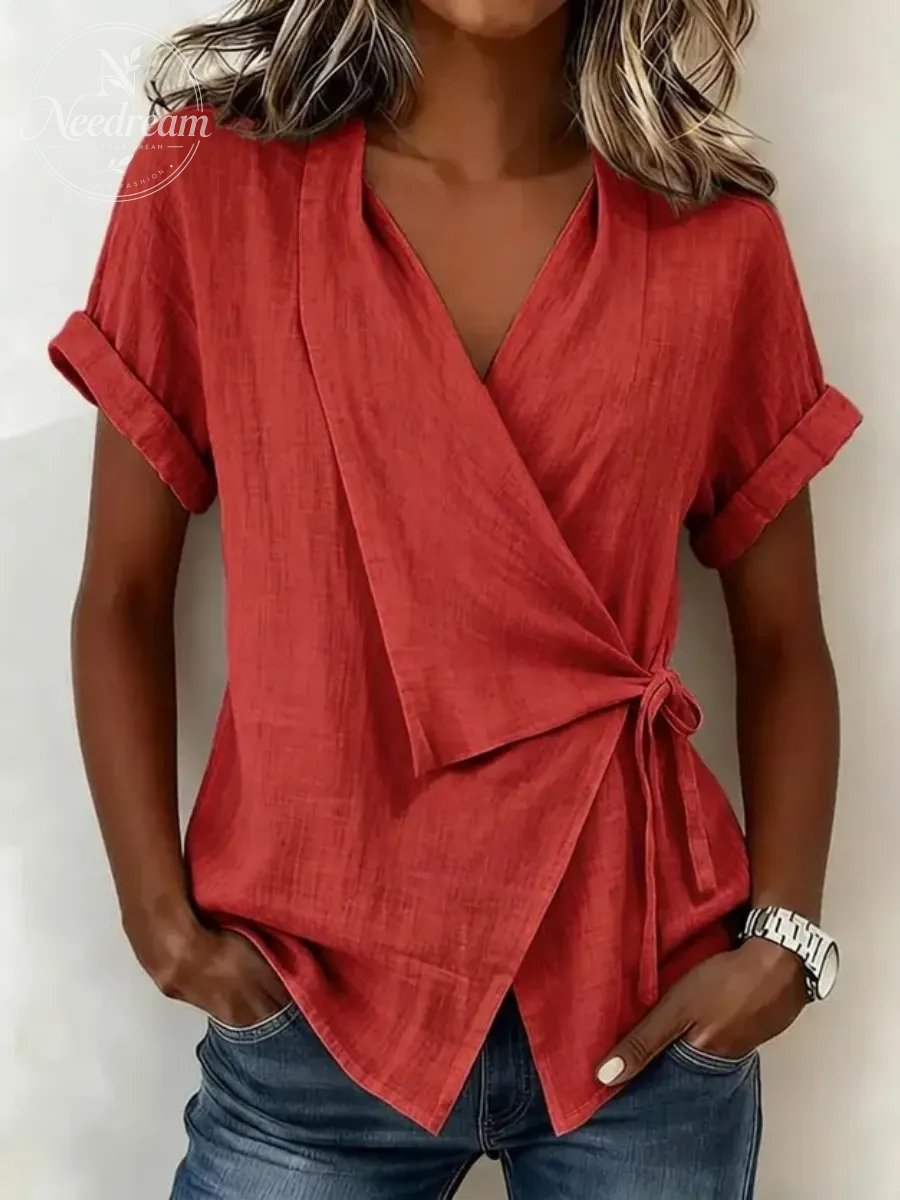 Cotton And Linen Wrap Detail V Neck Short Sleeve Irregularly Shaped Hem Casual Blouse