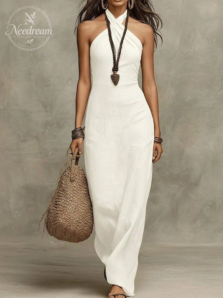 Relaxed Soft Drape Halter Column Linen Halter Maxi Dress