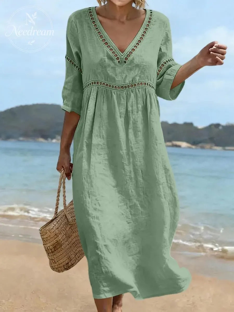 Women Cotton Maxi 3/4 Sleeve V Neck Pleated Lace Dress