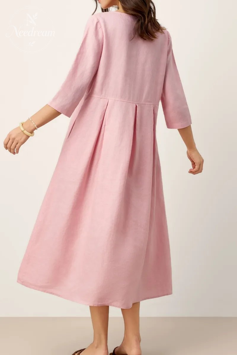 Linen Crescent Neck Decorative Button Waist Pleated Maxi Dress