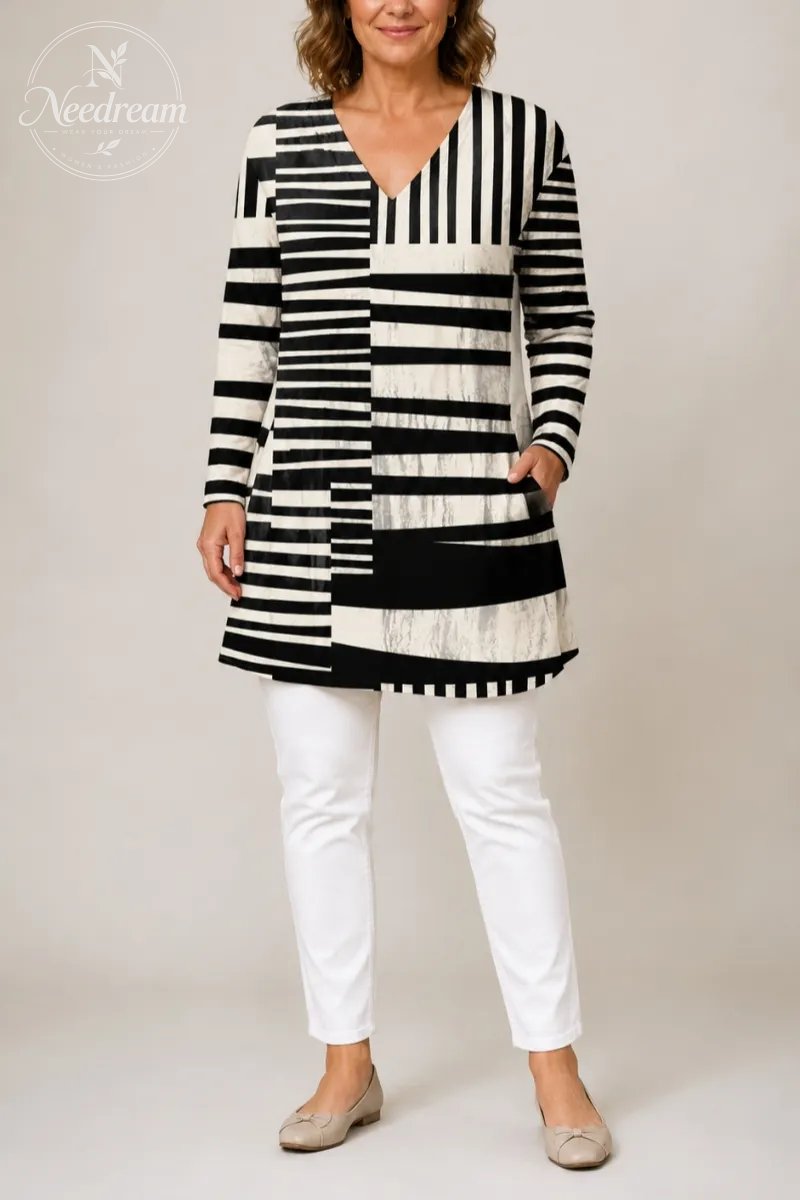 Women'S Irregular Geometric Print V-Neck Long-Sleeve Long Shirt