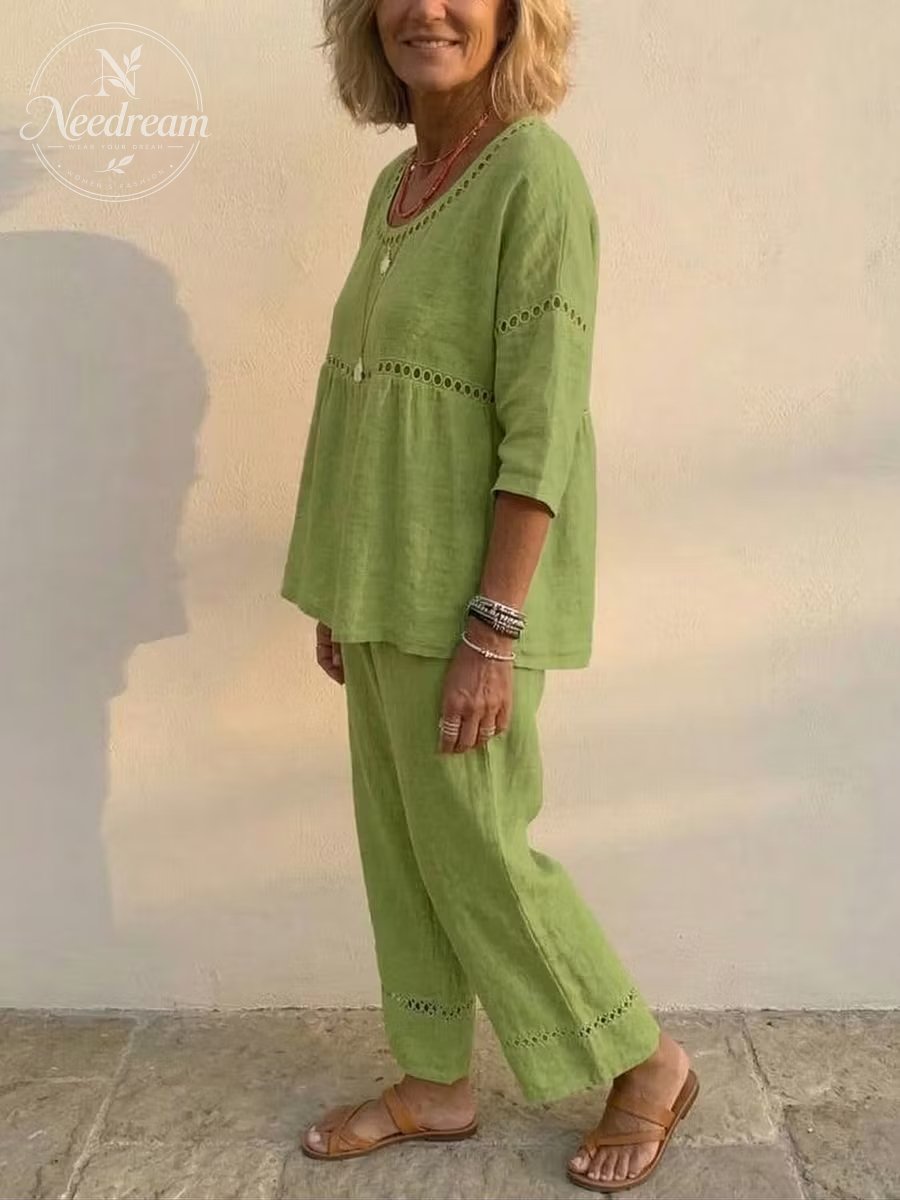 🔥 Women's Vintage Eyelet Casual Loose-Fit Linen Linen Two-Piece Set