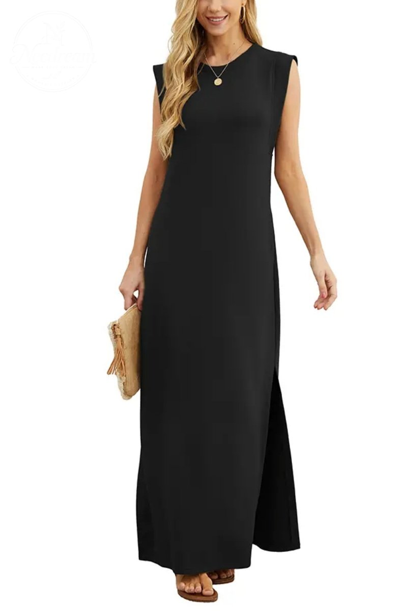 Women Summer Round Neck Casual Loose Split Wrinkle-Free Long Maxi Vacation Dress with Pockets