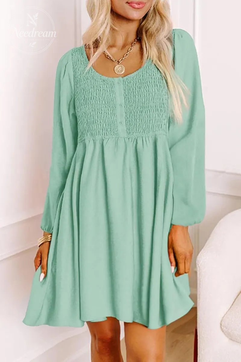 Smocked Crewneck Button Up Long Sleeve Empire Waist A-Line Mini Dress