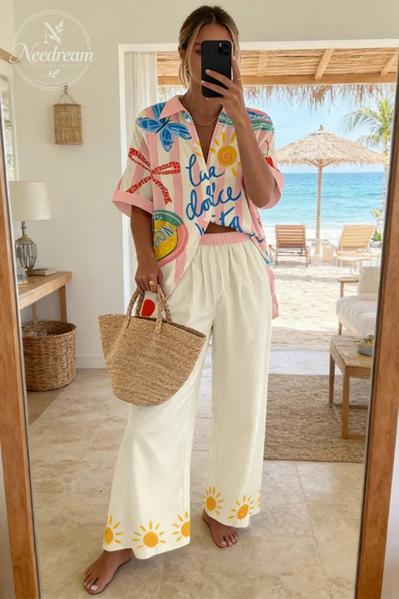 Seaside Holiday Striped Print Shirt & Shorts Two-Piece Set