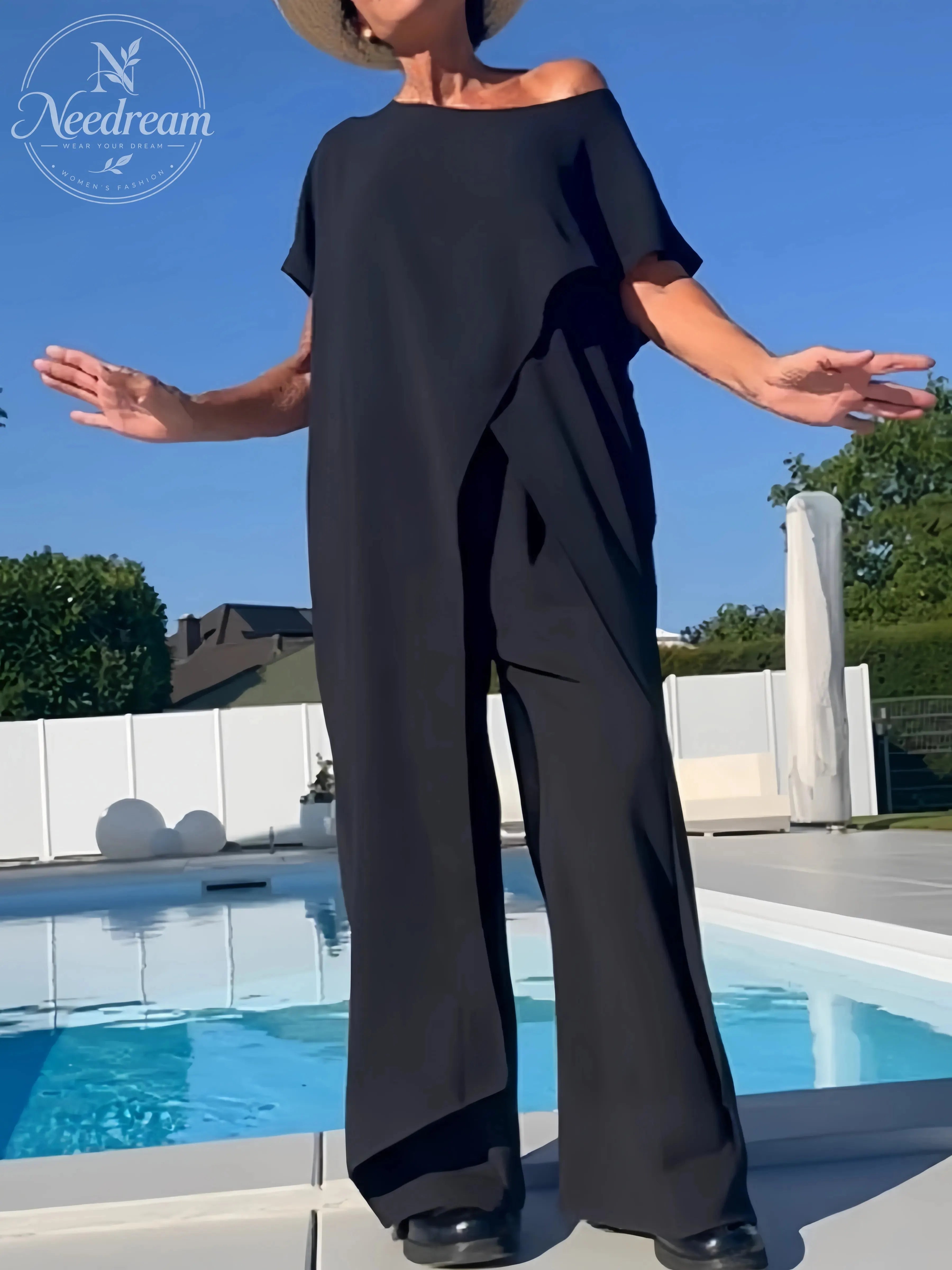 🌸Solid Color Off-Shoulder Top & Pants Set