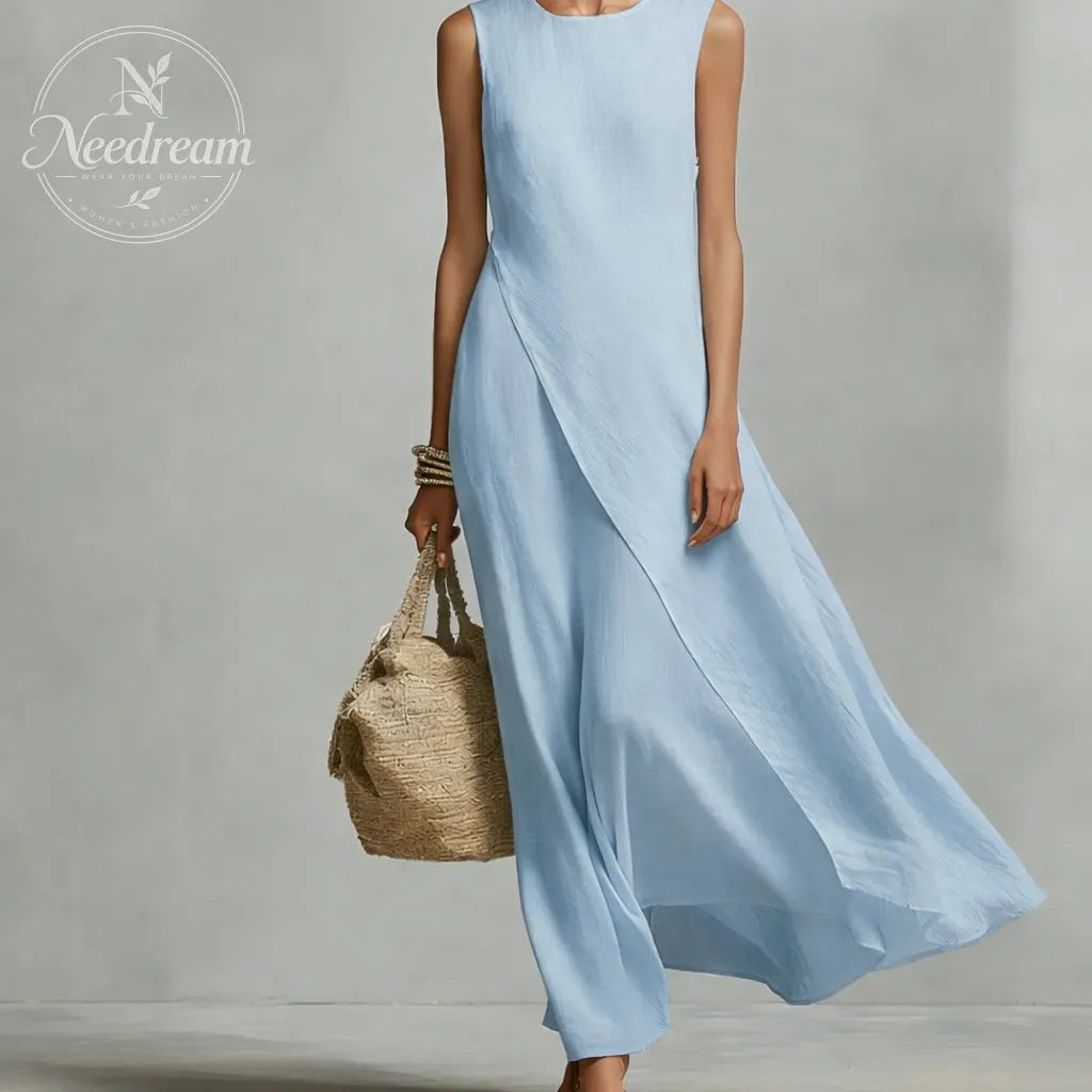 Women's Ivory Breathable Linen Dress With Sleeveless Detail & Asymmetric Hem, Contemporary Casual-Feminine Style Dress