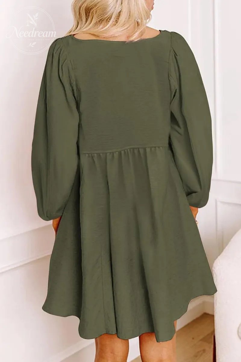 Smocked Crewneck Button Up Long Sleeve Empire Waist A-Line Mini Dress