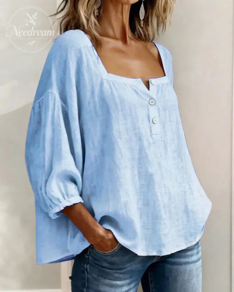 🌸Pink Square-Neck Half-Button Shirt