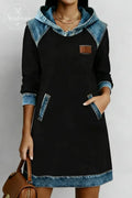 Women's Casual Navy Blue Hoodie Patchwork Denim Hoodie Long Sleeve Mini Dress