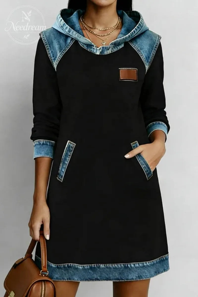 Women's Casual Navy Blue Hoodie Patchwork Denim Hoodie Long Sleeve Mini Dress