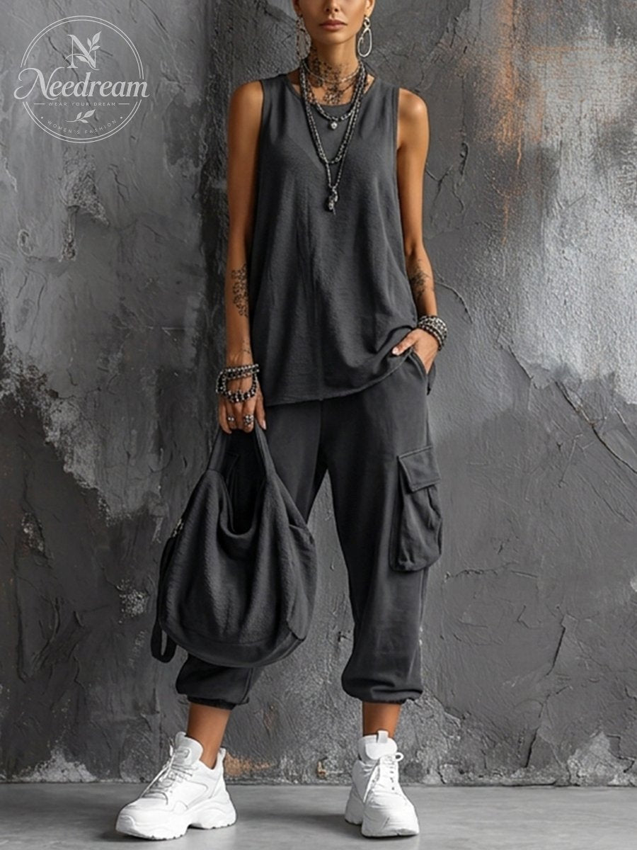 Women's Casual Style Dark Gray Cotton Blend Sleeveless Top + Jogger Cargo Pants Set
