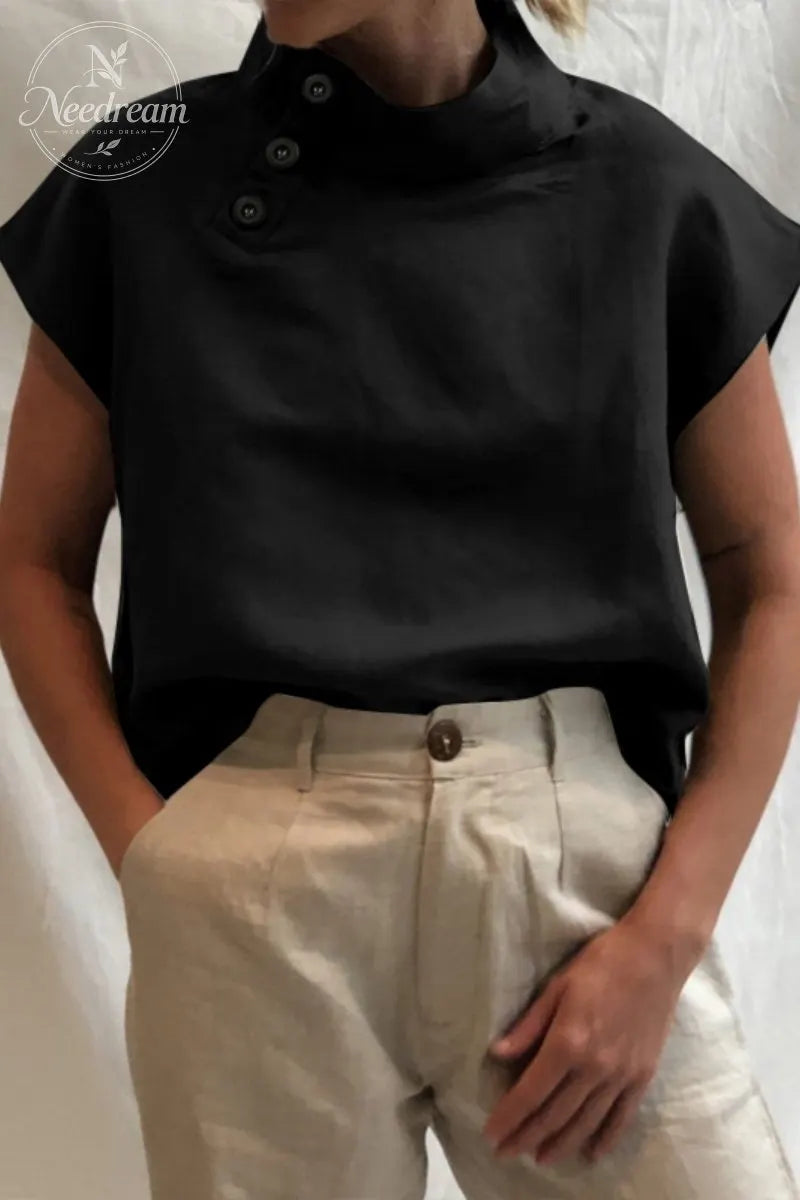 Womens Short Sleeve Breathable Turtleneck Blouse Casual Office Work Elegant Cotton Solid Shirt Tops