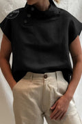 Womens Short Sleeve Breathable Turtleneck Blouse Casual Office Work Elegant Cotton Solid Shirt Tops