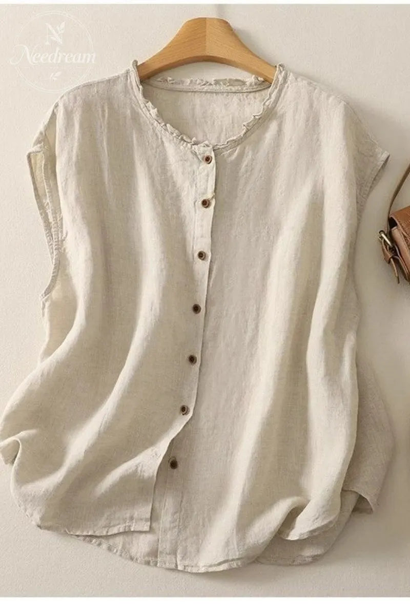 Cotton And Linen Lace Collar Button Cardigan Top
