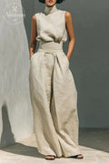 Women's Minimalist Cotton And Linen Blend Sleeveless Blouse And Wide-leg Pants Set