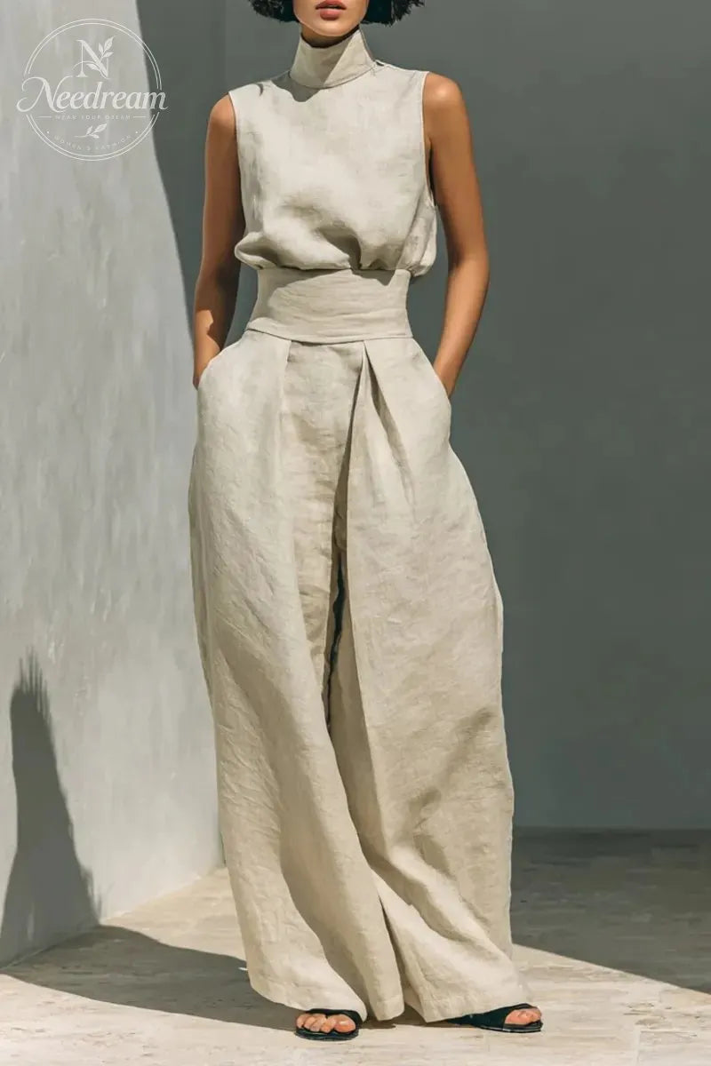 Women's Minimalist Cotton And Linen Blend Sleeveless Blouse And Wide-leg Pants Set