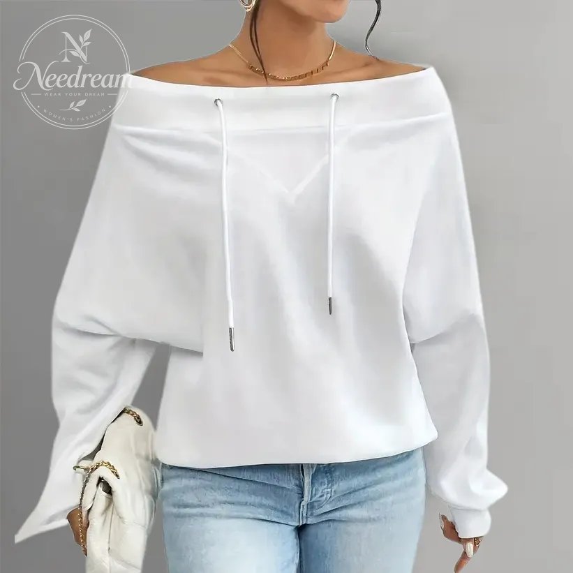 Women's Casual Off Shoulder Drawstring Batwing Sleeve Sweatshirt