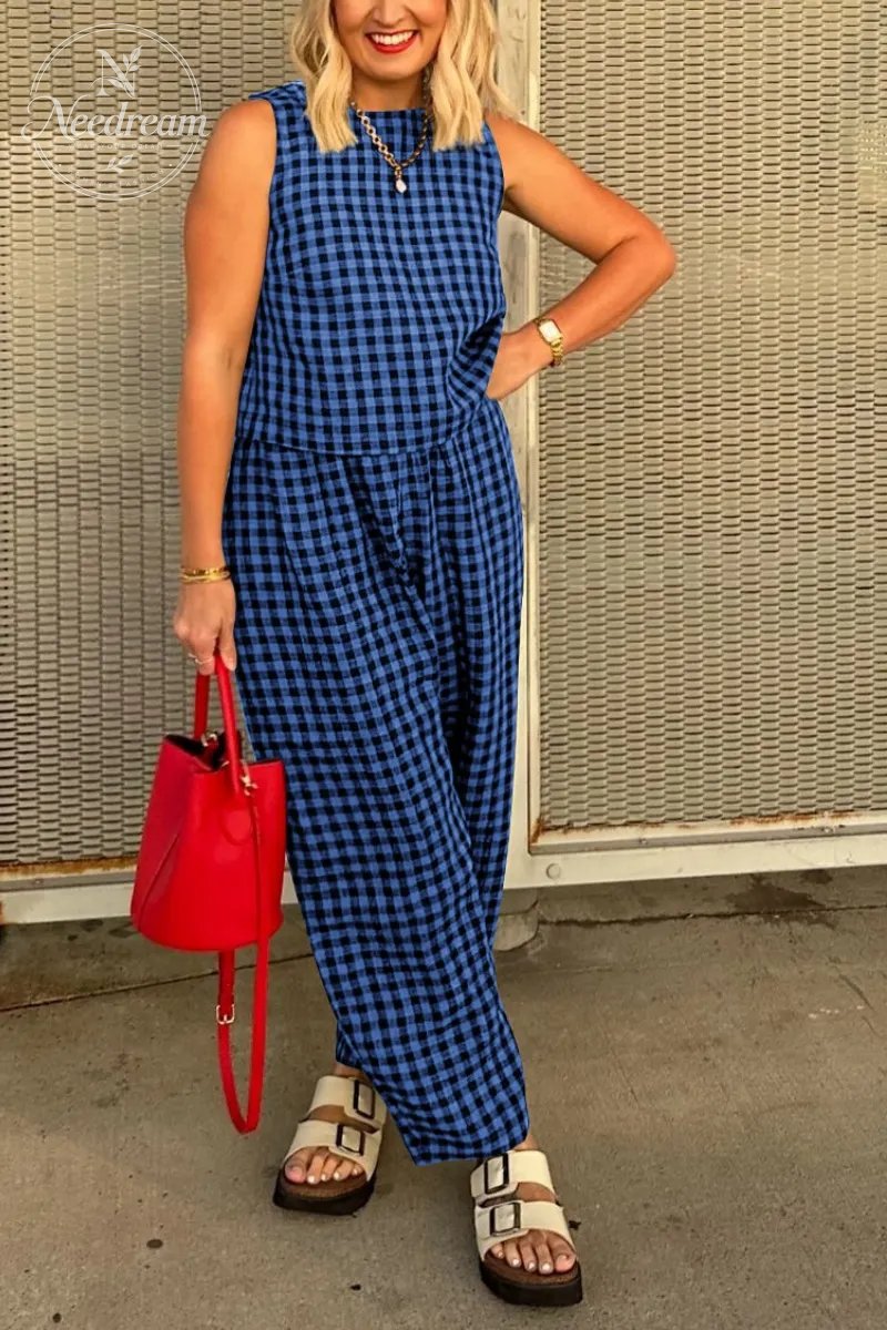 Summer New Women's 2 Piece Set Cotton Plaid Crop Top Loose Fit Pocket Nine-Tenths Pants