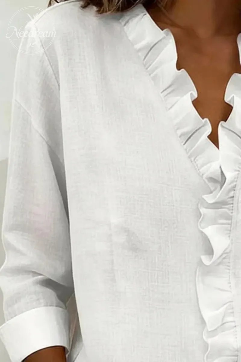 Ruffled V-Neck Long-Sleeved Cotton Shirt