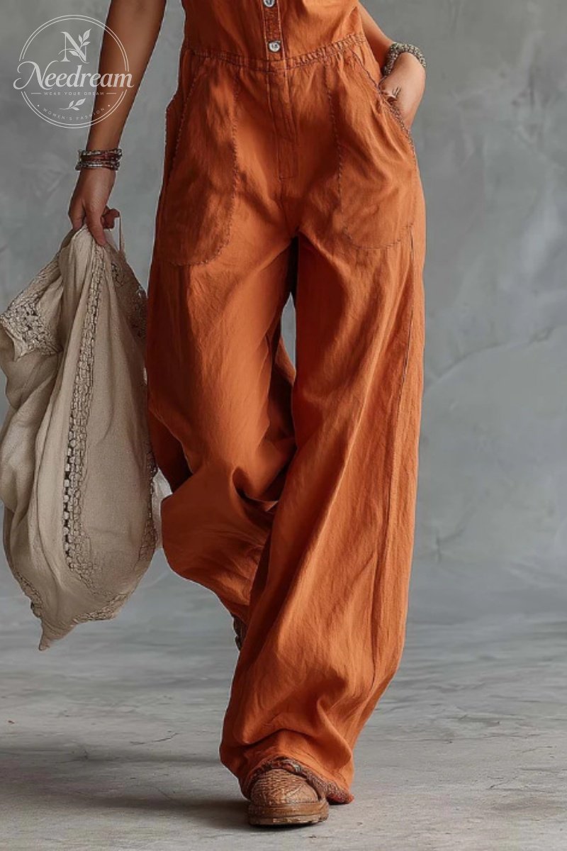 V-Neck Front-Button Sleeveless Jumpsuit