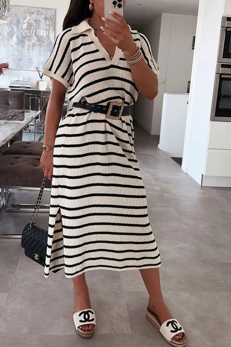 Womens Striped Summer Dresses Short Sleeve V Neck Knit Collared Sexy Slit Loose Maxi Sweater Dress