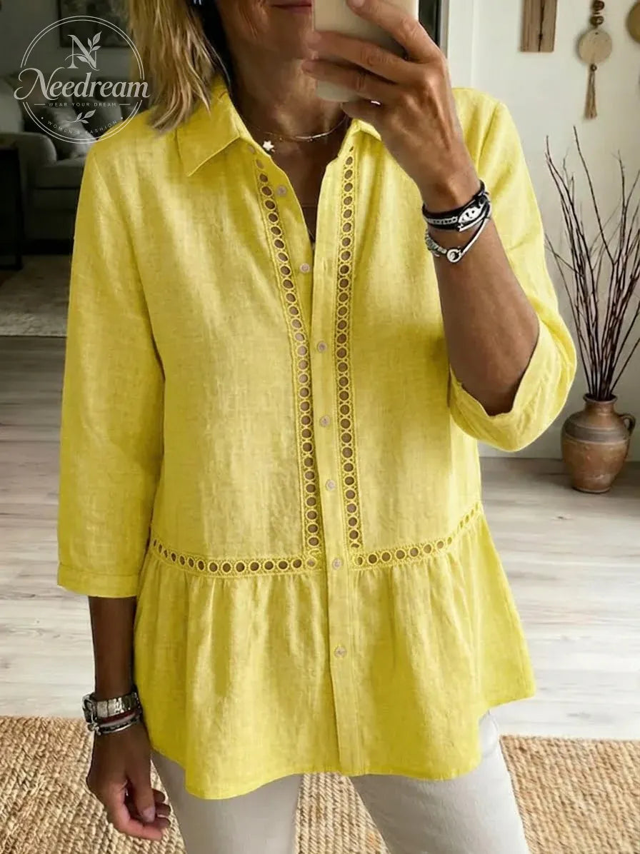 Women’s Casual Patchwork Openwork Webbing Linen And Cotton Shirt