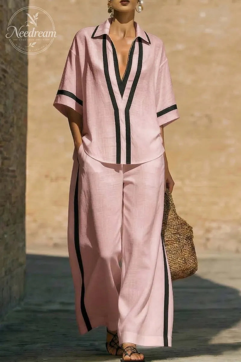 Casual Color-Blocked Short-Sleeved Shirt And Wide-Leg Pants Two-Piece Set