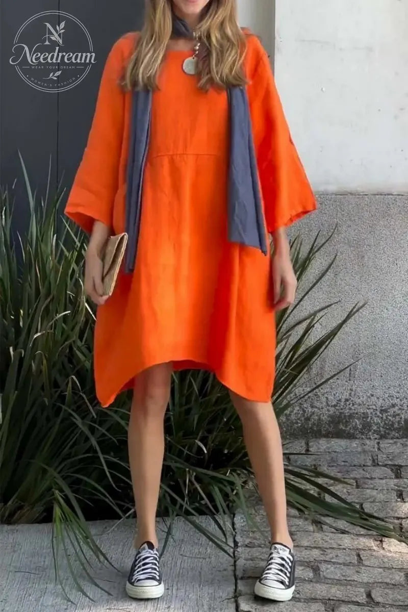 Solid Color Loose Casual Pocket Cotton Linen Dress
