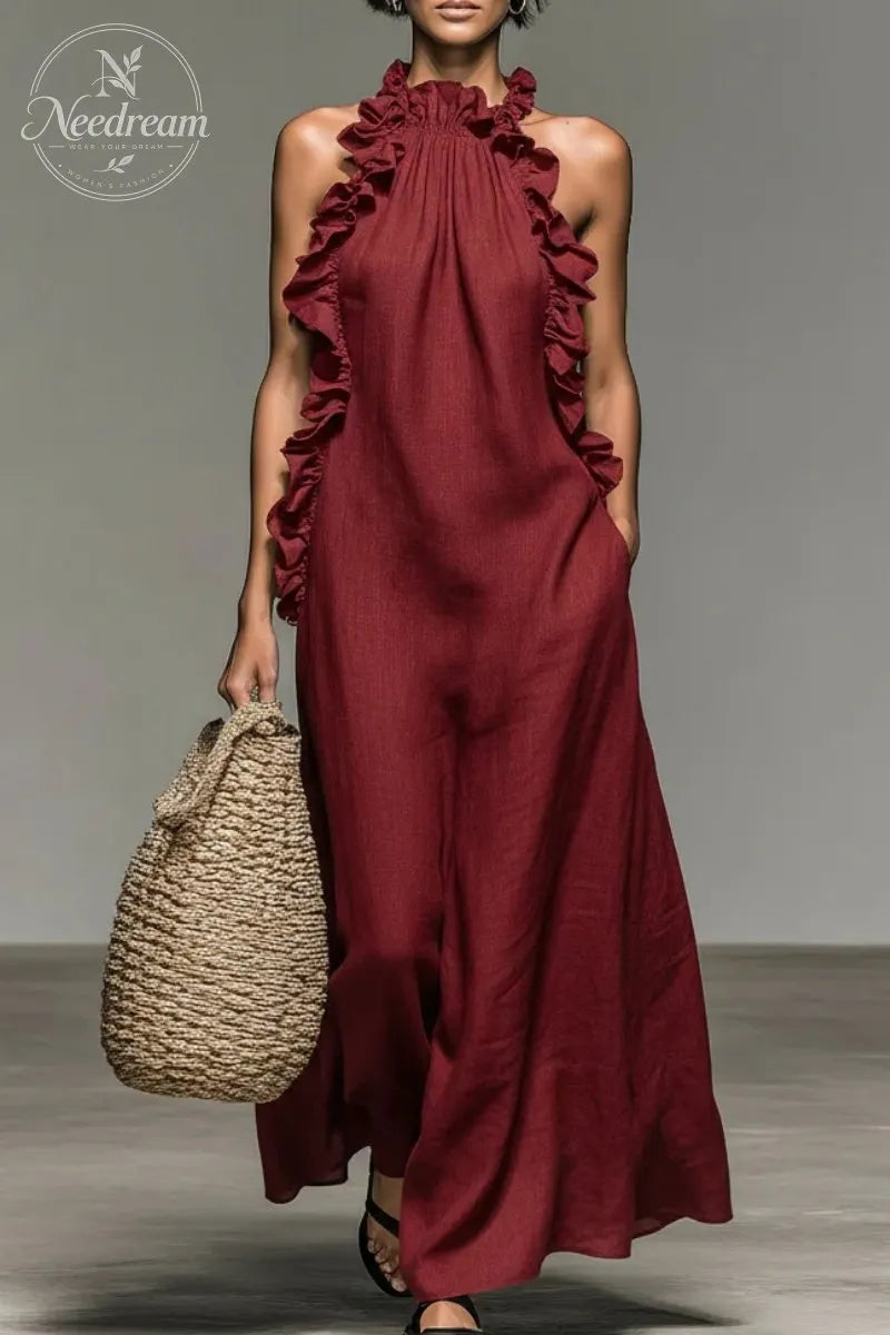 Women's Minimalist Linen-blend Sleeveless Maxi Dress With Ruffle Details