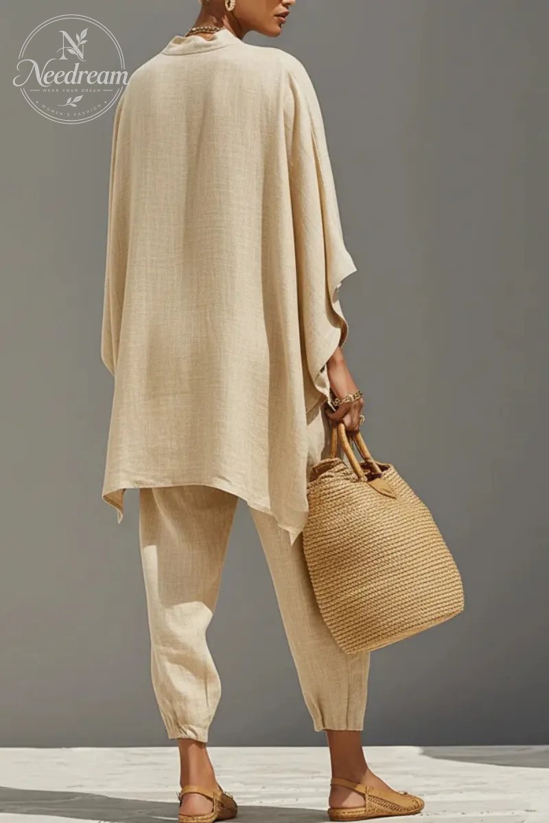 Women's Neutral Linen Set With Asymmetric Hem & Minimalist Design, Sophisticated Daily-Casual Style Set