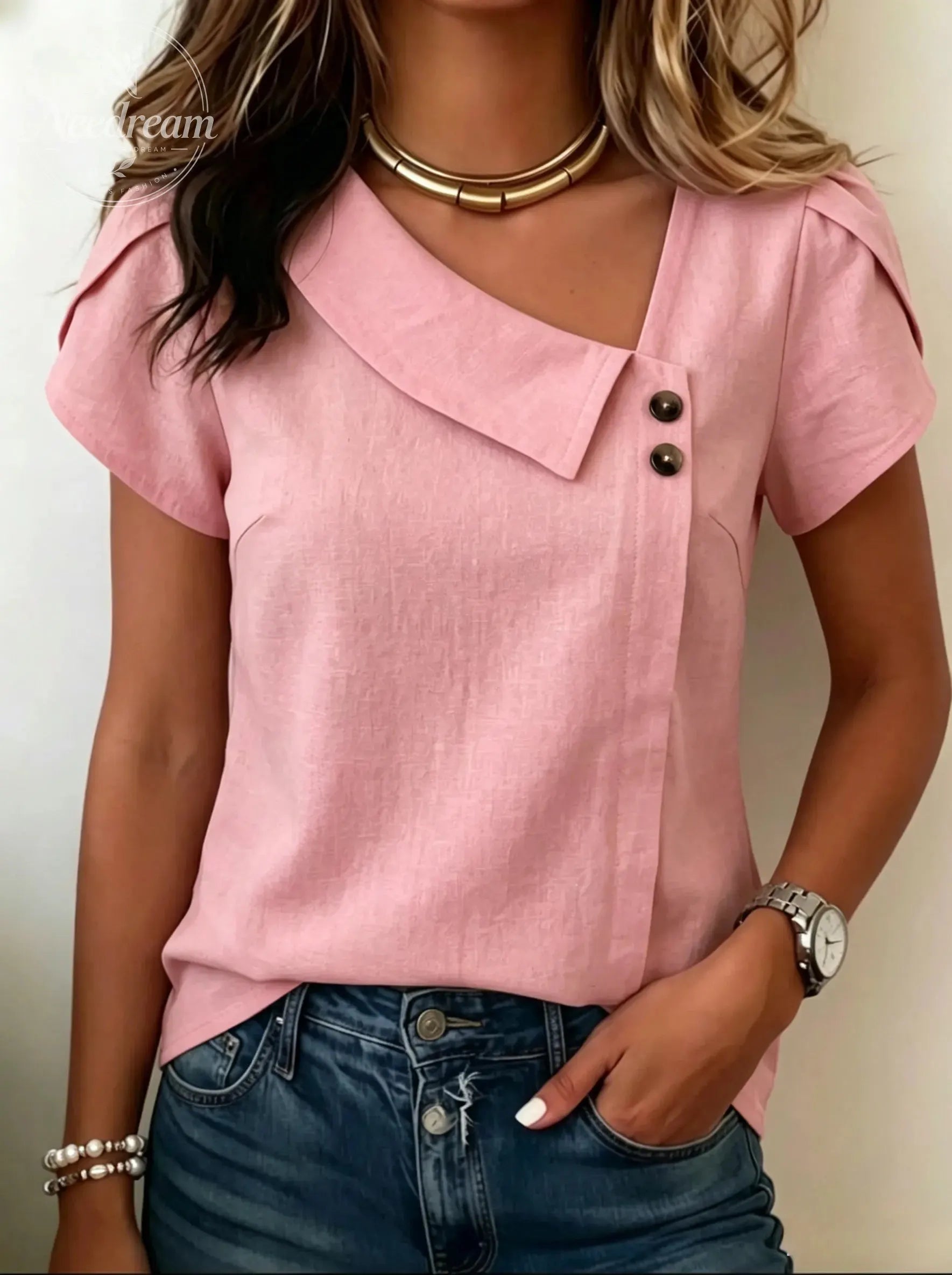 Women's Asymmetric Neckline Linen-Blend Blouse
