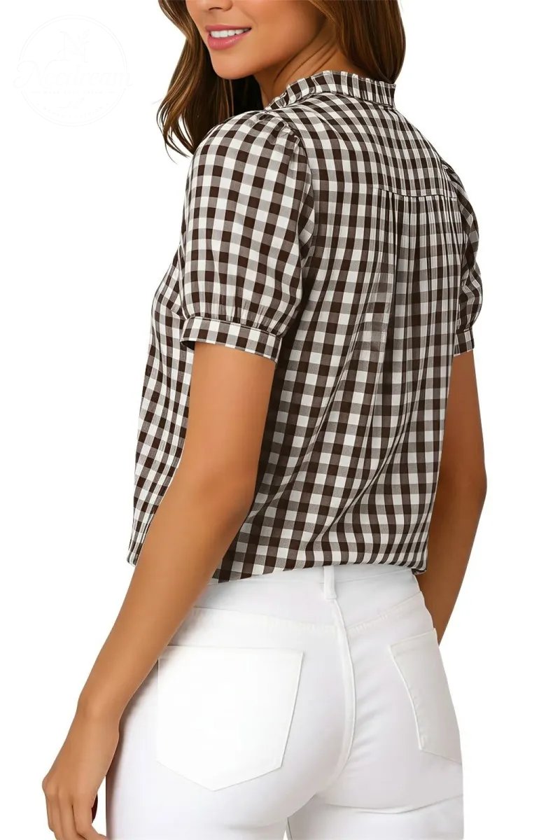Women Puff Sleeve Plaid Blouses Dressy Casual Business Tops Ruffled Tirm Henley Shirts