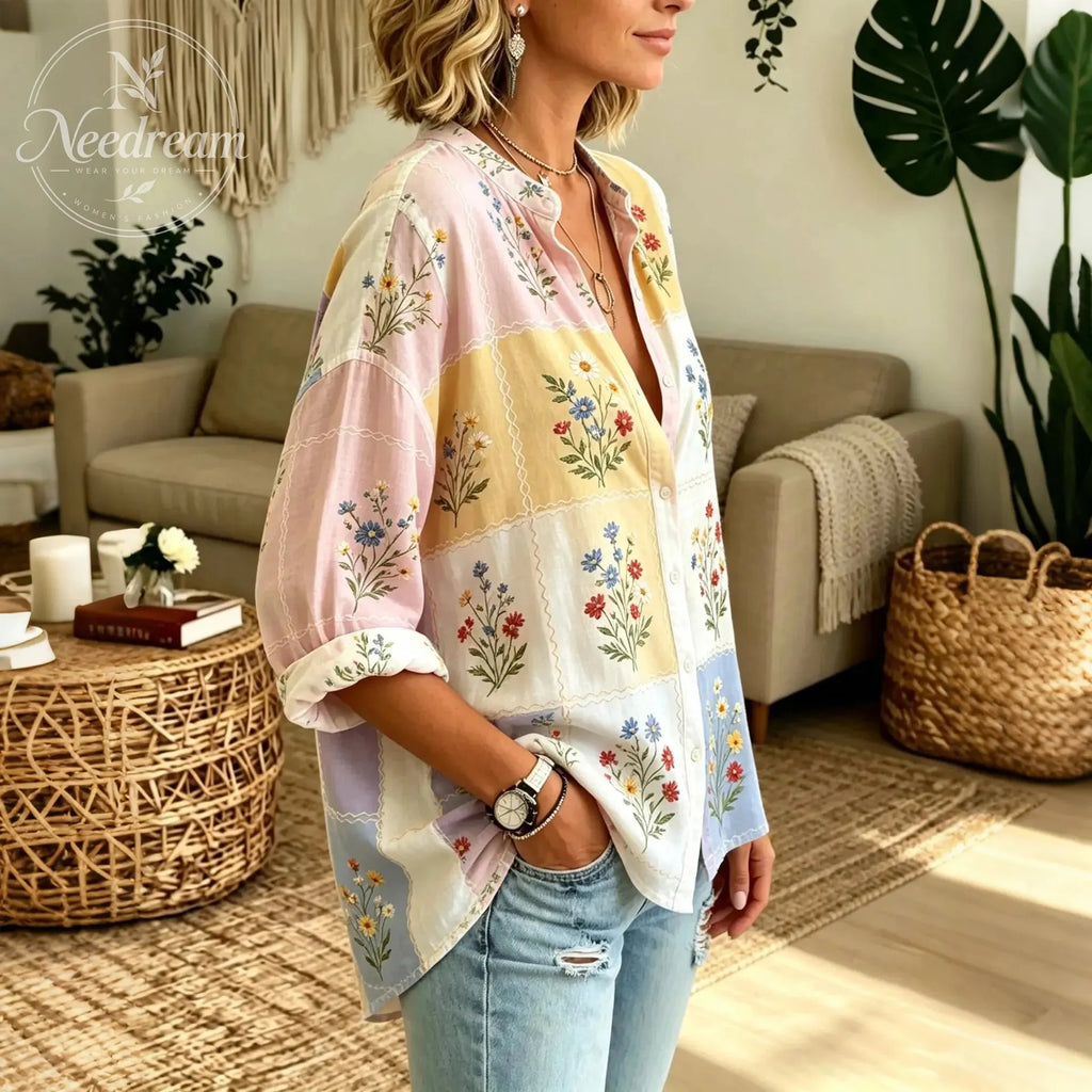 Women's Floral Patchwork Art Print Long Sleeve Shirt
