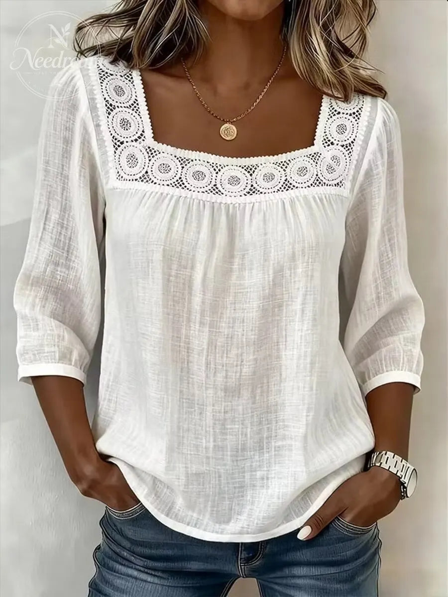 Lace Patchwork Blouse With A Square Neckline